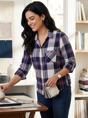 Eddie Bauer Purple Plaid Roll-Tab Sleeve Button Down M